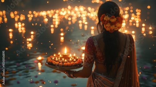 Happy Diwali, beautiful woman in saree holding diyas and flowers standing near a river  photo