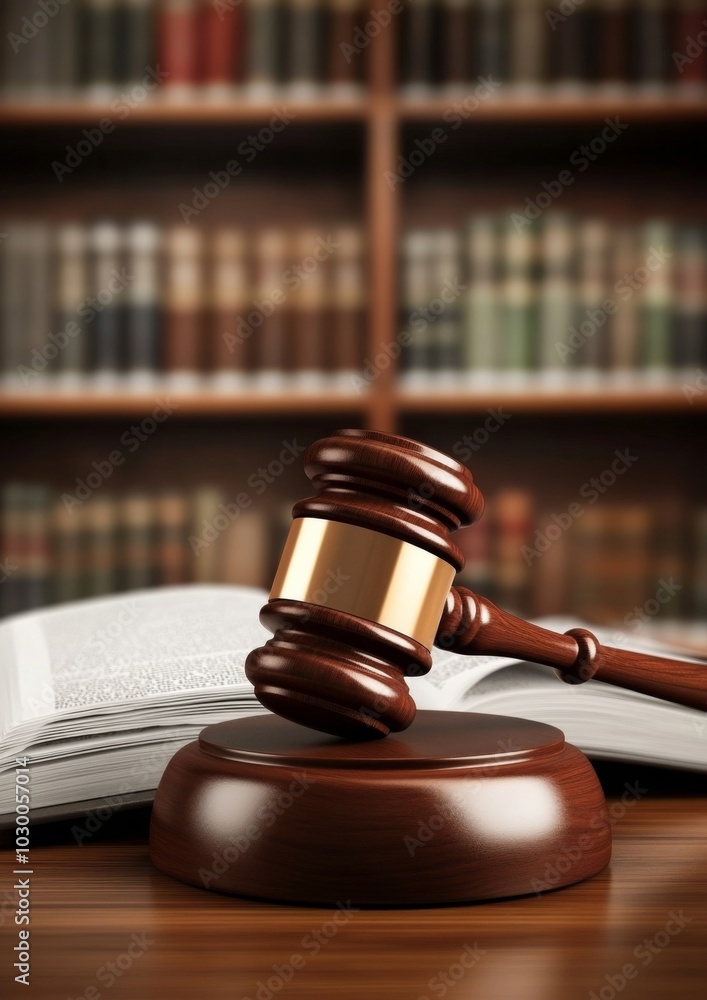 Wooden gavel on law book table with books on bookshelf in background, creating a peaceful and serene atmosphere. Wooden gavel on law book table with books on bookshelf in background, creating a peaceful and serene atmosphere.