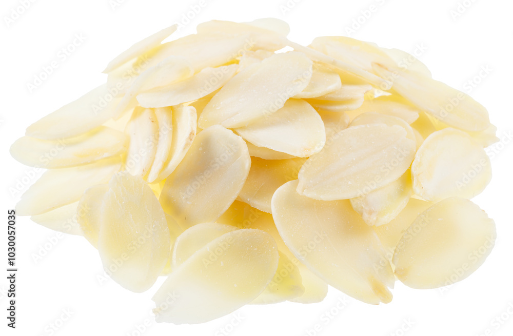 Almond flakes, slices of blanched almonds nuts isolated on white background. File contains clipping paths. Almond flakes, slices of blanched almonds nuts isolated on white background. File contains clipping paths.