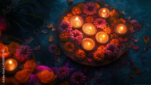 Happy Diwali, diyas and flowers in a plate at night photo