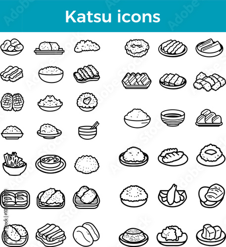 Katsu icons line Japanese fried cutlet vector traditional cuisine pork chicken panko food illustration set