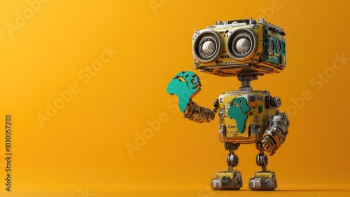 Cute cartoon robot holding small map of Africa against bright yellow background