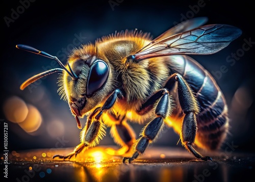 Close-up of a Bee with Segmented Body and Translucent Wings in Low Light, Macro Photography, Nature, Insect Details, Pollination, Environmental Beauty, High Definition, Natural World