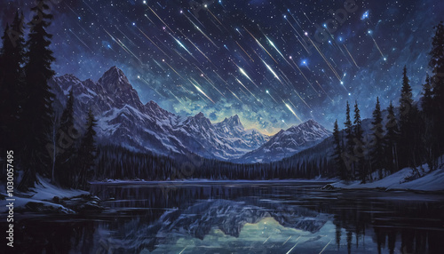 A night sky filled with shooting stars reflected perfectly in a mirror-like lake, surrounded by snowy mountains and forests silhouetted in the moonlight as meteors streak across the sky in glowing tra photo