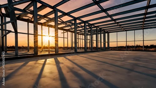 Steel Building Framework Under Construction at Sunset