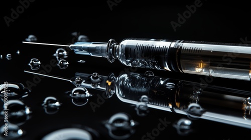 Syringe with Liquid Needle Droplets Medical Equipment Macro Photography Black Backgro