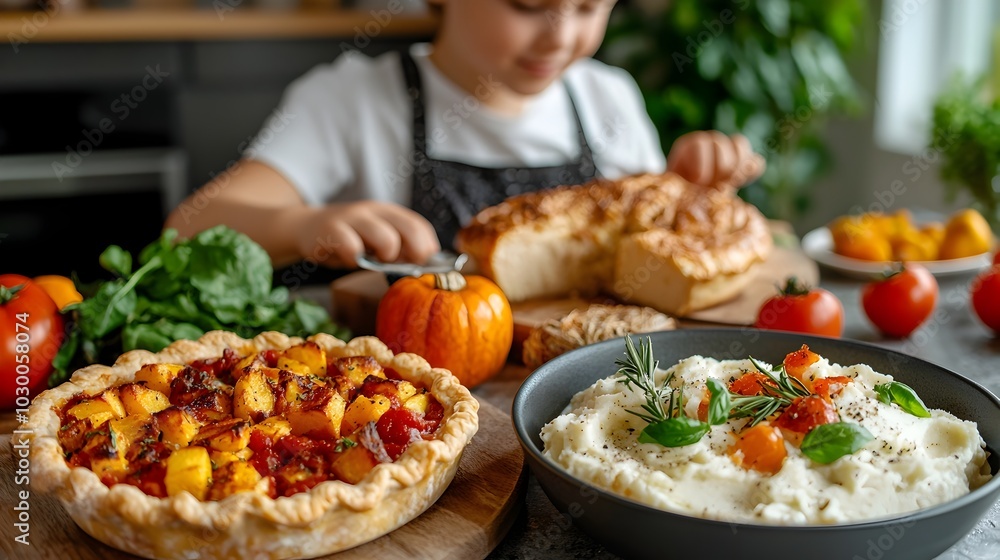 A cozy kitchen scene capturing the warmth and care in preparing a traditional Thanksgiving feast with mashed potatoes pies and other harvest dinner ingredients ready to serve A cozy kitchen scene capturing the warmth and care in preparing a traditional Thanksgiving feast with mashed potatoes pies and other harvest dinner ingredients ready to serve