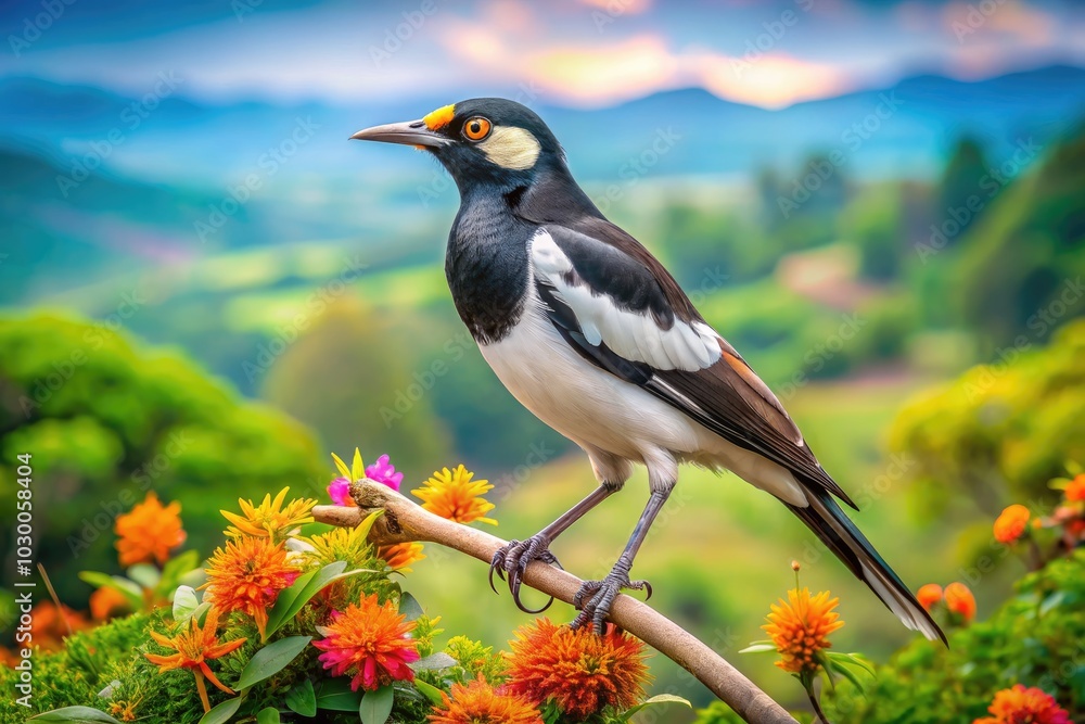 Breathtaking panoramic scene captures Pied Starlings elegantly perched in their natural habitat, revealing their striking plumage and lively interactions within a picturesque, serene environment. Breathtaking panoramic scene captures Pied Starlings elegantly perched in their natural habitat, revealing their striking plumage and lively interactions within a picturesque, serene environment.