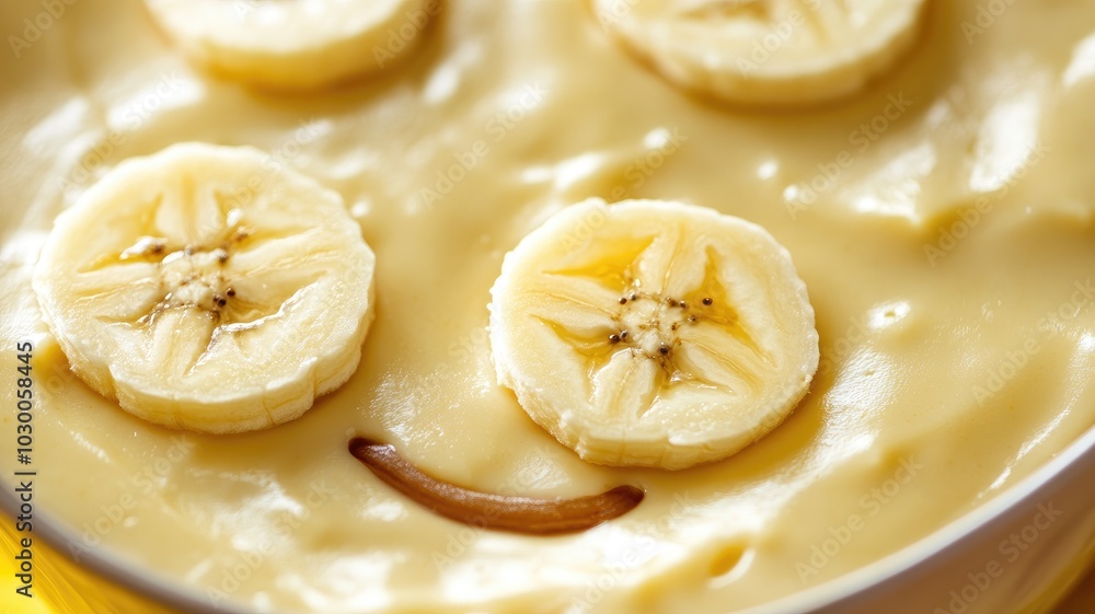 Close-up of creamy banana dessert with slices on top Close-up of creamy banana dessert with slices on top
