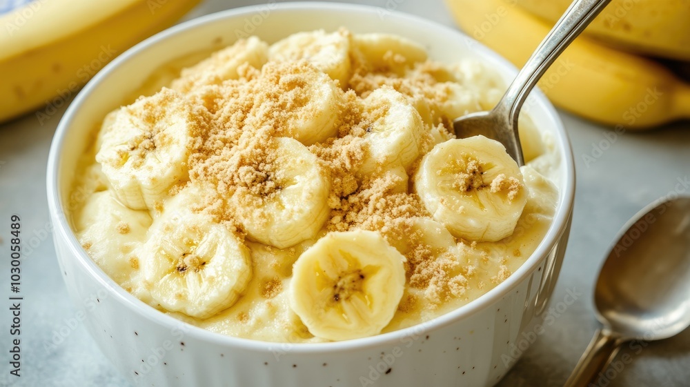 Creamy banana pudding topped with fresh slices and crushed cookies in white bowl Creamy banana pudding topped with fresh slices and crushed cookies in white bowl