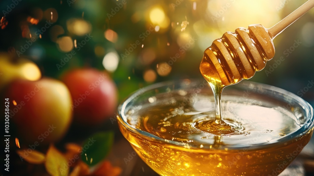 Wooden dipper dripping honey into bowl with fruits nearby, illuminated by warm light Wooden dipper dripping honey into bowl with fruits nearby, illuminated by warm light