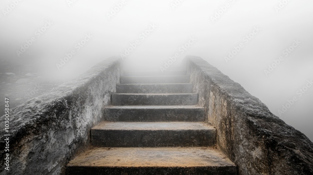 Obraz premium Old stone staircase leads into thick fog, creating mysterious atmosphere