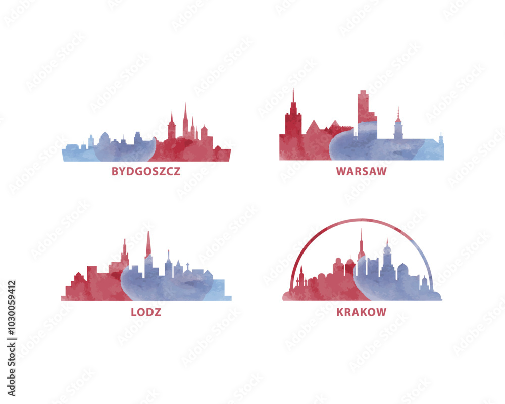 Fototapeta premium Poland cities skyline vector logo, icon set. Flat watercolor Warsaw, Krakow, Lodz, Bydgoszcz silhouette. Isolated graphic collection