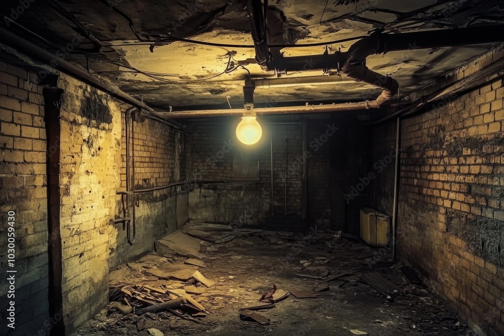 Abandoned Room with High Ceiling, Exposed Pipes, Brick Walls, and Debris-Covered Floor - Neglect and Abandonment Mood Abandoned Room with High Ceiling, Exposed Pipes, Brick Walls, and Debris-Covered Floor - Neglect and Abandonment Mood