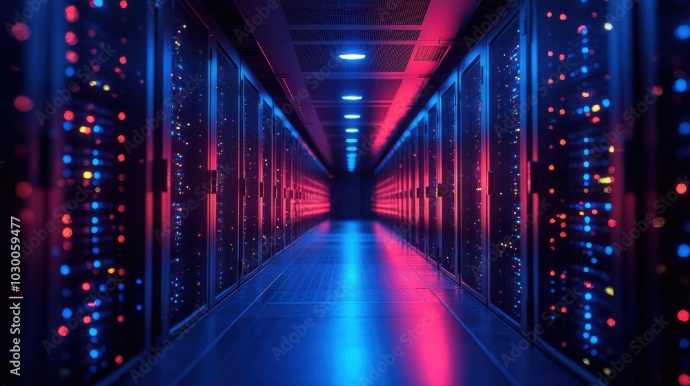 A long hallway inside a modern data center with rows of servers lit by colorful lights. A long hallway inside a modern data center with rows of servers lit by colorful lights.