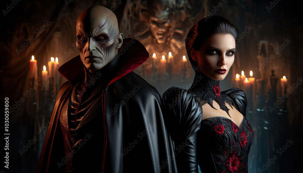 Two imposing villains, in a dark, cavernous lair, their ominous presence illuminated by flickering candles and eerie shadows Two imposing villains, in a dark, cavernous lair, their ominous presence illuminated by flickering candles and eerie shadows