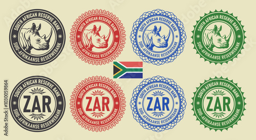Vector graphic set of financial fictional seals of RSA. Round icons with rhinoceros head and rand symbols. The Afrikaans inscription means South African Reserve Bank