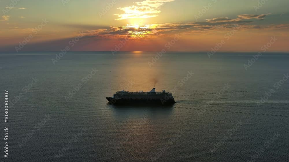 Aerial view at the cruise ship during sunset. Landscape with cruise liner on Adriatic sea. Adventure and travel, 4k Aerial view at the cruise ship during sunset. Landscape with cruise liner on Adriatic sea. Adventure and travel, 4k