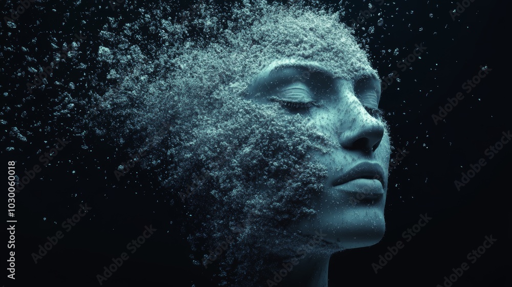 A computer-generated, 3D image shows a realistic-looking human face dissolving and fading away. A computer-generated, 3D image shows a realistic-looking human face dissolving and fading away.