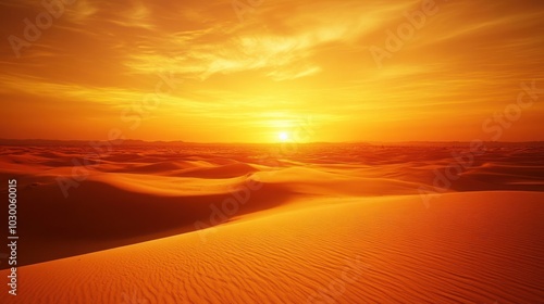 A stunning sunset over a vast desert landscape, with the sun casting a warm glow over the sand dunes.