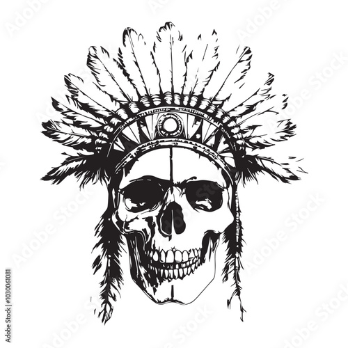 scary skeleton head skull tribal crown with feathers stylish design tattoo logo style black isolated on white high quality vector halloween for tee shirt prints 