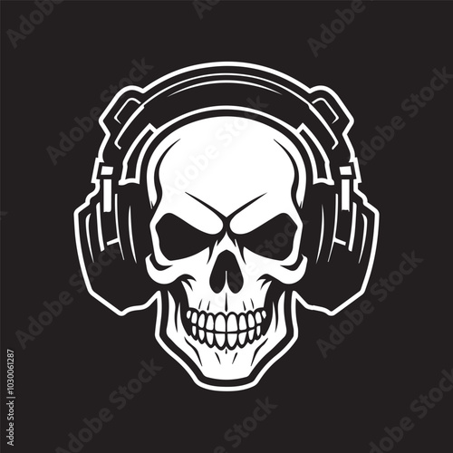 skull with headphones headset earphones smiling scary stylish black isolated on white vector logo tattoo style sticker stamp icon for tee shirt high quality print business music industry