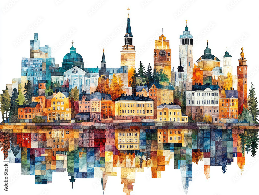 Finland, Charming European town with colorful buildings and water reflections Finland, Charming European town with colorful buildings and water reflections