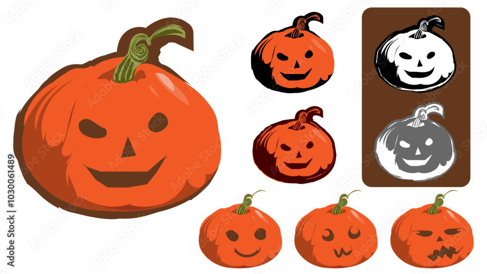 Carved Pumpkin For Halloween Celebration with Various Fun Facial Expressions Carved Pumpkin For Halloween Celebration with Various Fun Facial Expressions