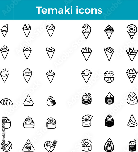 Temaki icons line sushi handroll cone seaweed rice fish vector Japanese food traditional cuisine illustration set
