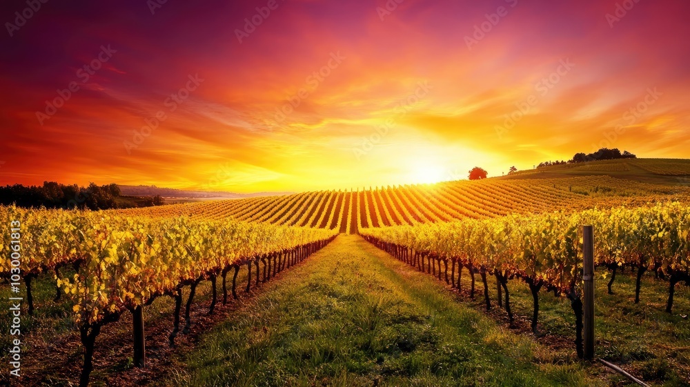 Naklejka premium Vineyards at sunset, rows of grapevines under vibrant sky