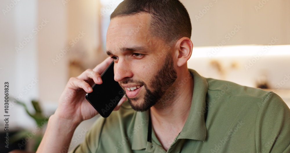 Home, phone call and happy man talking to contact for communication, advice or information update. Mobile, conversation and person in living room for connection, story or listen to news for feedback Home, phone call and happy man talking to contact for communication, advice or information update. Mobile, conversation and person in living room for connection, story or listen to news for feedback