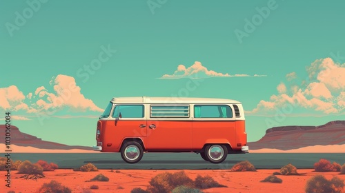 vintage van stands out against vast desert landscape, showcasing its iconic design amidst serene backdrop of mountains and clouds. scene evokes sense of nostalgia and adventure. 