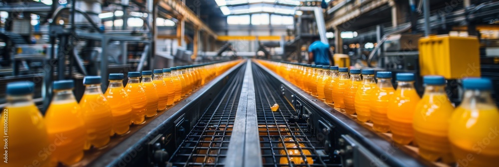 Fototapeta premium Beverage Factory Interior, Conveyor with Juice Bottles, Drink Production Line, Juice Industry