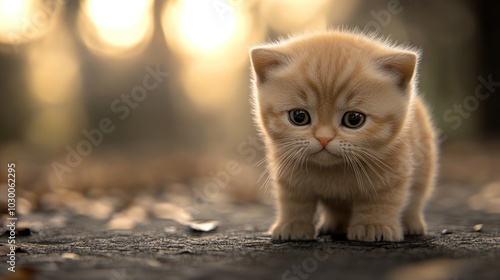 A tiny, fluffy, orange kitten with big eyes looks curiously at the camera. The kitten is standing on a gray surface with some dried leaves in the backgroun