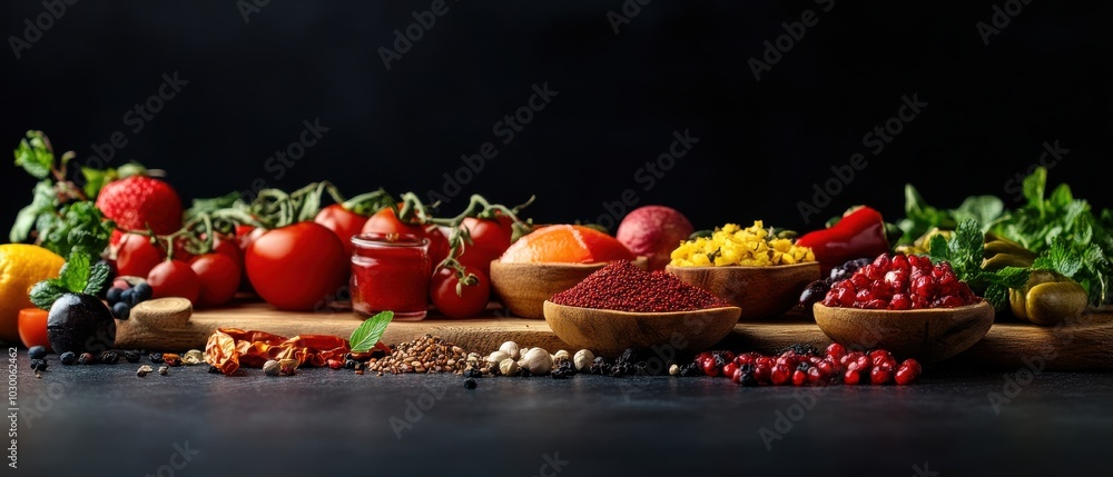 Colorful variety of fresh vegetables and fruits arranged neatly on a dark wooden surface. Colorful variety of fresh vegetables and fruits arranged neatly on a dark wooden surface.