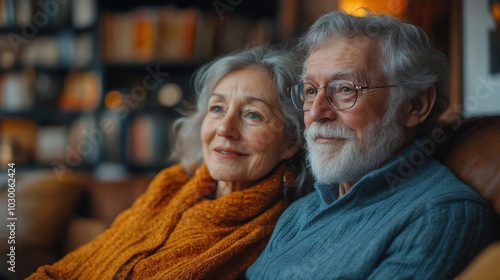 A loving elderly couple sits together on a couch, looking into the distance with a sense of contentment.