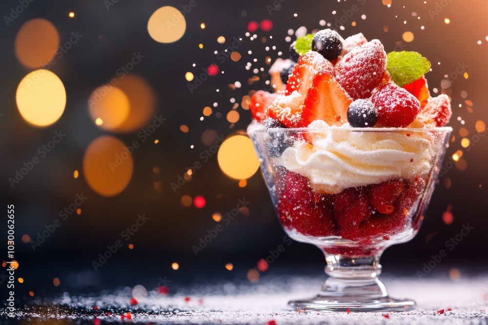 Delicious dessert with fresh strawberries, blueberries, and whipped cream in a glass bowl, sprinkled with colorful toppings. Delicious dessert with fresh strawberries, blueberries, and whipped cream in a glass bowl, sprinkled with colorful toppings.