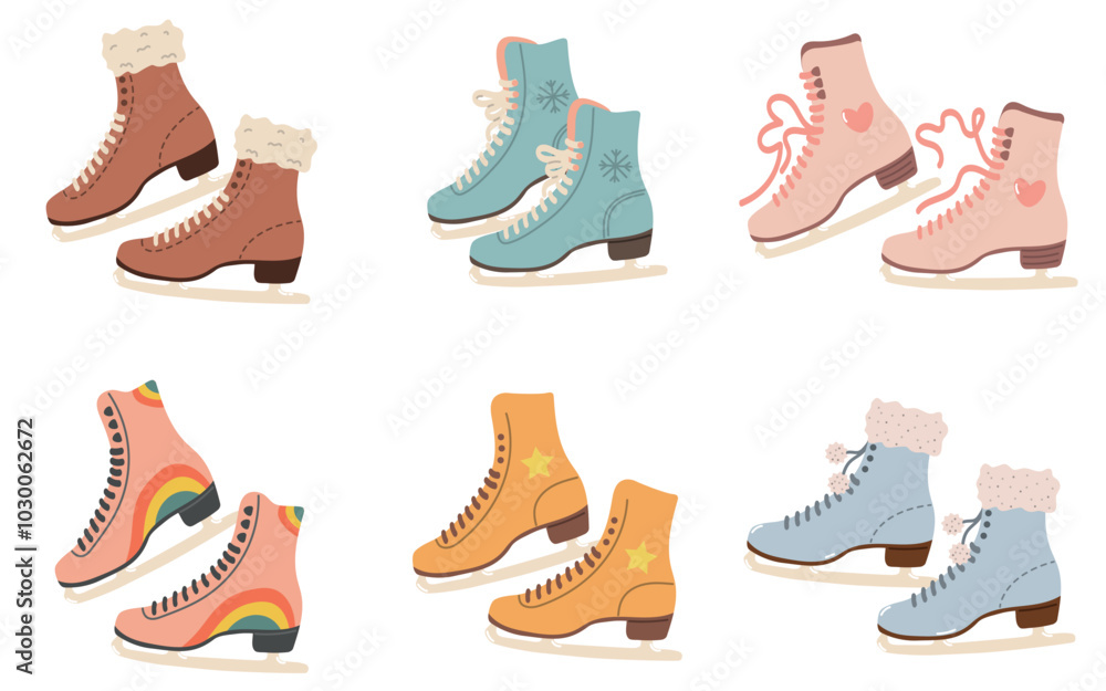 Set of figure skating skates. winter sports. winter activity. various fashionable design of figure skating skates Set of figure skating skates. winter sports. winter activity. various fashionable design of figure skating skates