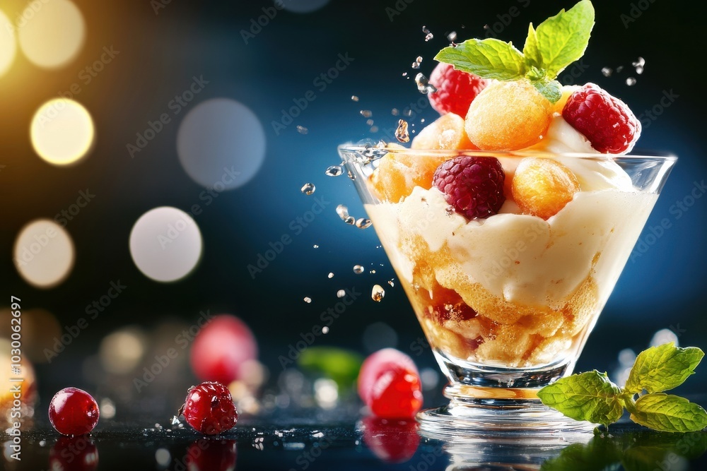 Delicious dessert with fruits in a glass, garnished with mint leaves, on a blurred background, ideal for summer themes. Delicious dessert with fruits in a glass, garnished with mint leaves, on a blurred background, ideal for summer themes.