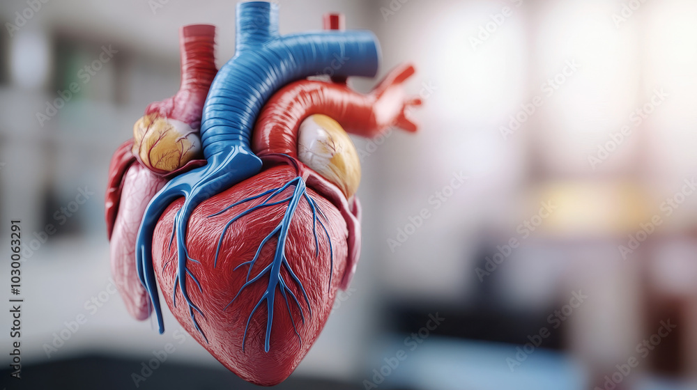 Naklejka premium Cross-sectional view of the heart showing detailed valve structures and blood flow with copy space
