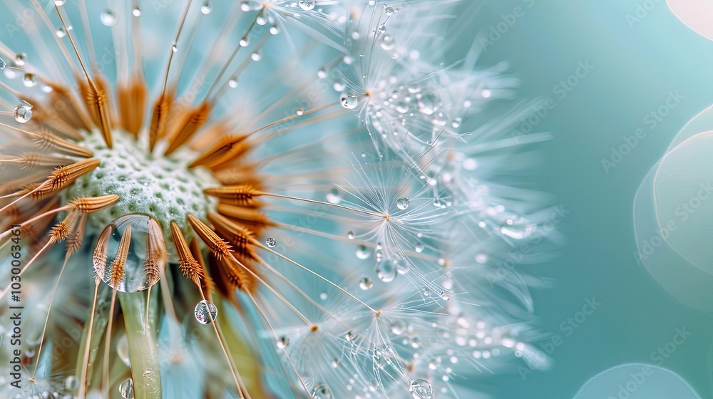 Dew drops on a dandelion seed, captures the delicate beauty of nature, with copy space Dew drops on a dandelion seed, captures the delicate beauty of nature, with copy space