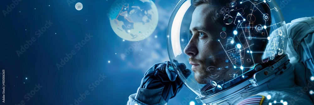 Double exposure of an engineer and space exploration technology in deep blue With copy space Double exposure of an engineer and space exploration technology in deep blue With copy space