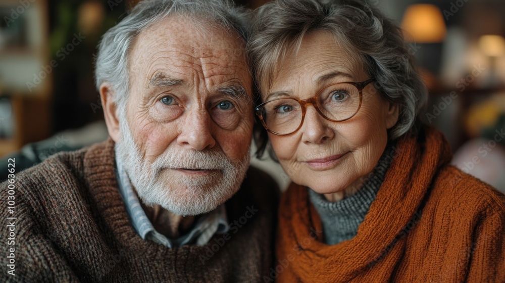 A loving senior couple look into the camera with a warm and loving expression. The man has a gray beard, while the woman is wearing glasses. A loving senior couple look into the camera with a warm and loving expression. The man has a gray beard, while the woman is wearing glasses.