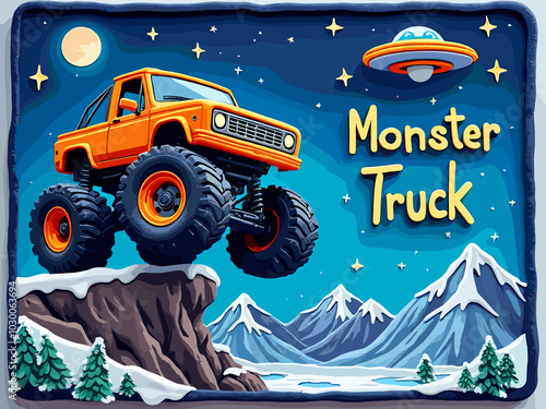 A vibrant orange felt monster truck rests on a snowy peak under a starry sky with a UFO hovering nearby with the 3d words “Monster Truck” in the graphic  photo