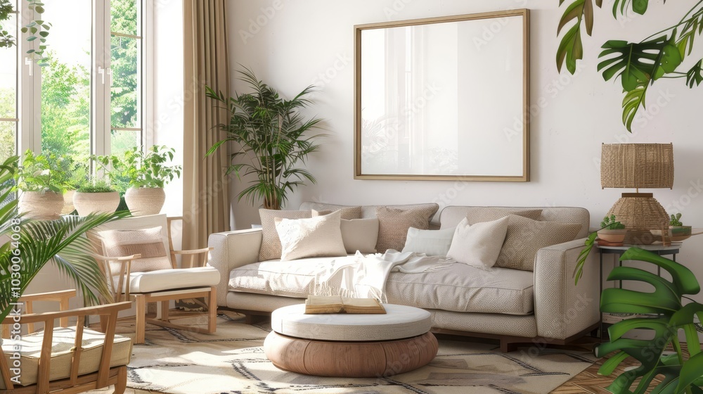 Modern living room with white sofa, wooden beams, and large window. Modern living room with white sofa, wooden beams, and large window.