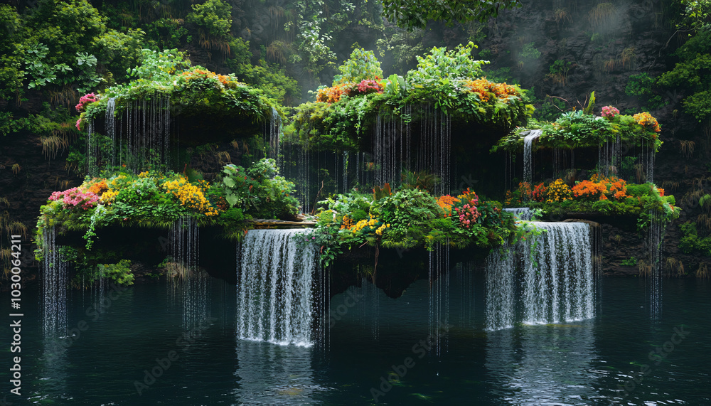 Fototapeta premium A series of floating platforms covered in vibrant, lush greenery and flowers, suspended high above a large lake