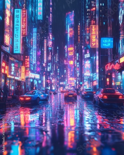 Neon-lit city street with rain reflecting colorful light.