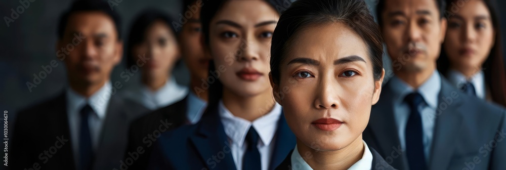 Obraz premium Confident businesspeople in suits, looking determined and ready for success.