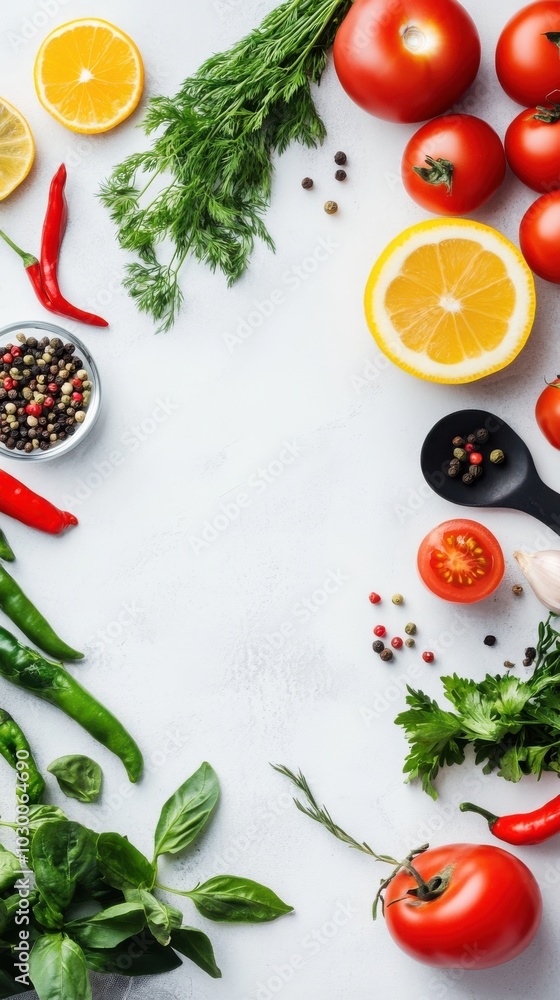 Fresh vegetables and herbs arranged on a white background, highlighting a variety of colors and textures. Fresh vegetables and herbs arranged on a white background, highlighting a variety of colors and textures.