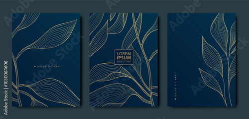 Vector set of gold luxury floral leaf cards, abstract beauty plant design, nature cover. Wedding, menu, birthday flyer, vintage invitation